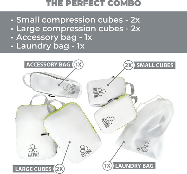 Beeyond Compression Packing Cubes Set - 6 Pieces for Travel and Luggage Organization, Includes Large & Small Cubes, Accessories Bag, and Laundry Bag - Image 6