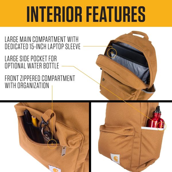 Carhartt 21L, Durable Water-Resistant Pack W/ 15" Laptop Sleeve and Multiple Organizational Compartments, Classic Backpack Brown, PFAS Free - Image 3