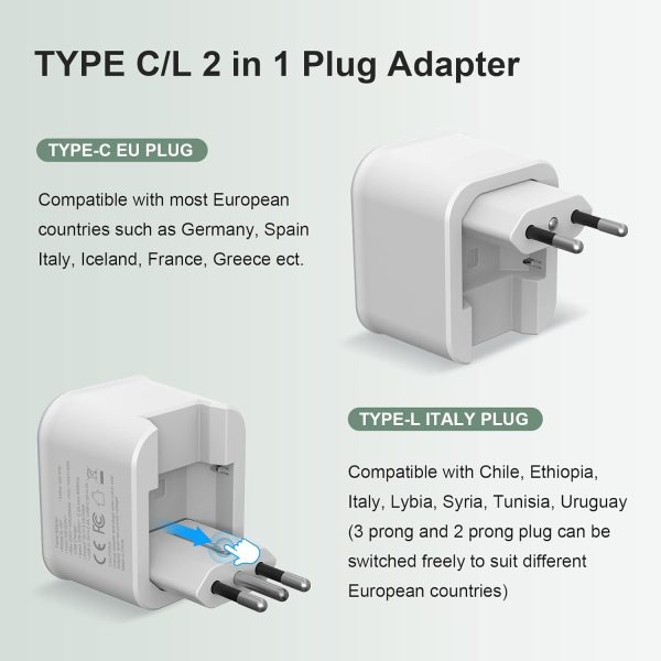 European Travel Plug Adapter Foldable International Power Plug Adapter with USB-C, Type C/L 2 in 1 Plug Adaptor for US to Most of Europe EU Spain Italy France Germany - Image 5