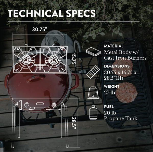 Gas One Propane Double Burner Two Burner Camp Stove Outdoor High Pressure Propane 2 Burner Adjustable PSI Regulator and 4ft Steel Braided Hose With Removable Legs - Image 2