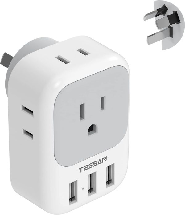 TESSAN Australia Power Plug Adapter, US to New Zealand Power Adapter with 4 American Outlets 3 USB Charger, Type I Travel Adaptor for USA to Australian, China, AU, Argentina, Fiji, Cook Islands, Samoa