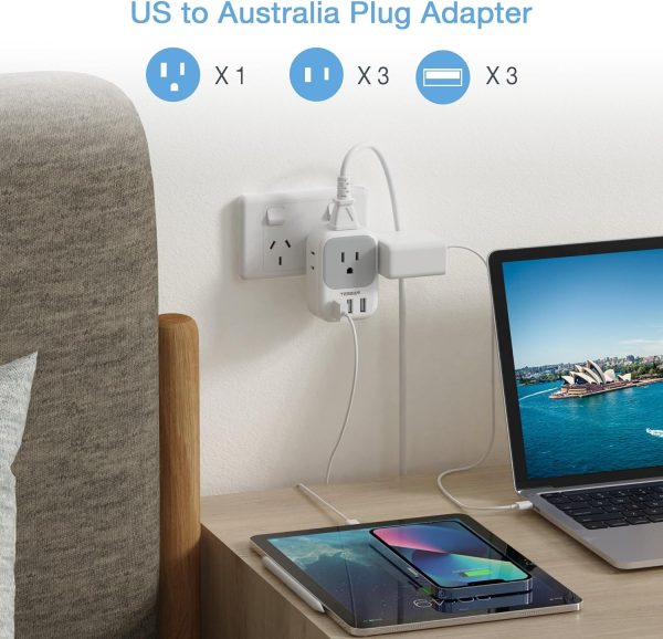 TESSAN Australia Power Plug Adapter, US to New Zealand Power Adapter with 4 American Outlets 3 USB Charger, Type I Travel Adaptor for USA to Australian, China, AU, Argentina, Fiji, Cook Islands, Samoa - Image 2