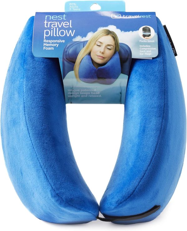 TRAVELREST Memory Foam Travel Pillow/Neck Pillow - Advanced Neck Support for Long Flights - Patented Design for Optimal Relaxation - Unmatched Sleep - Machine Washable - (Blue, Nest)