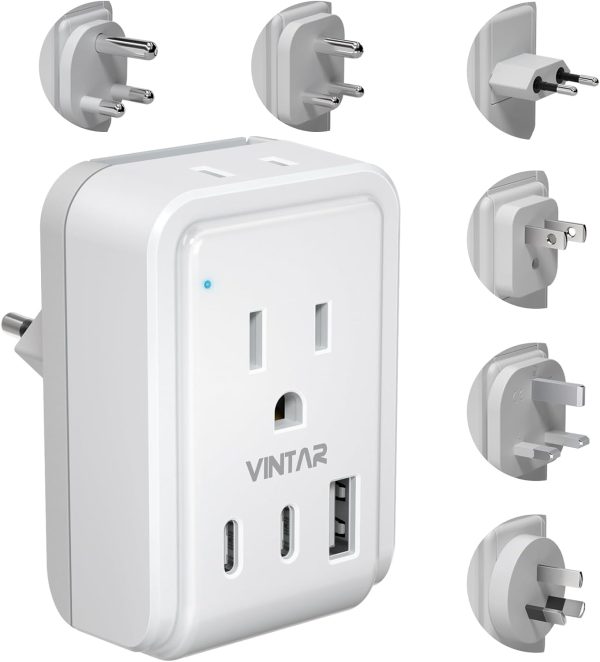 Universal Travel Adapter Kit, VINTAR International Plug Adapter with 3 USB Ports(2 USB C, 3.4A) and 2 American Outlets, Type A,C,G,D,I,M Detachable Attachments, Adapter for US/EU/UK/India/AUS/Africa