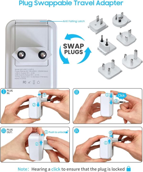 Universal Travel Adapter Kit, VINTAR International Plug Adapter with 3 USB Ports(2 USB C, 3.4A) and 2 American Outlets, Type A,C,G,D,I,M Detachable Attachments, Adapter for US/EU/UK/India/AUS/Africa - Image 5